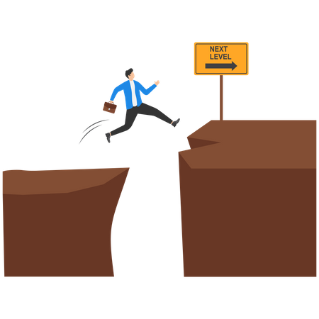 Businessman jumping to another cliff to achieve higher level  Illustration