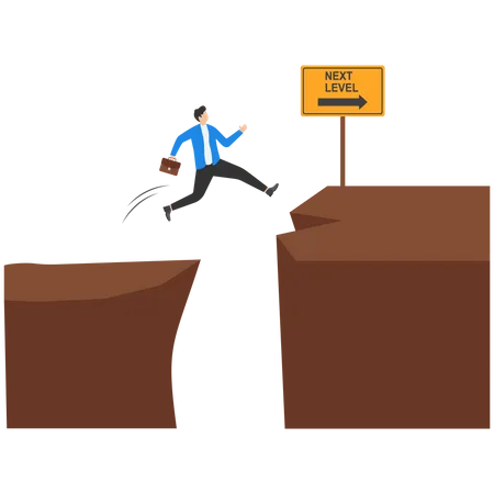 Businessman jumping to another cliff to achieve higher level  Illustration