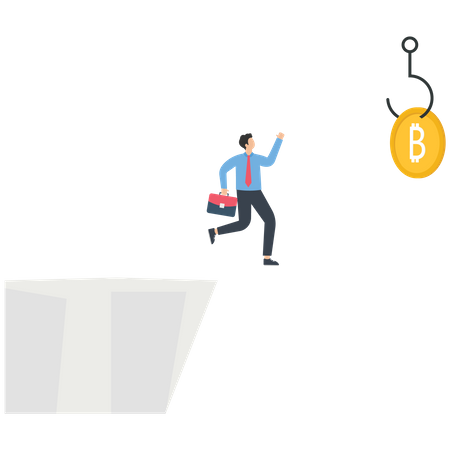 Businessman jumping to catch a US dollar coin on a cliff  Illustration