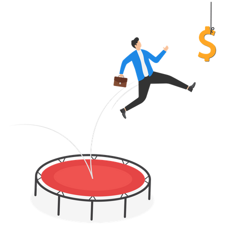 Businessman jumping to catch dollar sign  イラスト