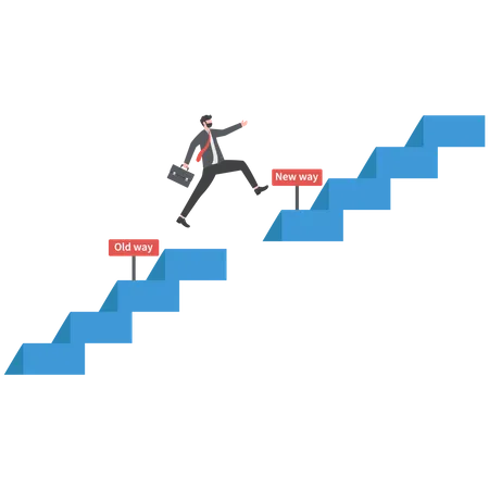 Businessman Jumping Up Stair To New Way Old Way And New Way Choice Choose A New Direction Make A Choice Improvement Concept Illustration