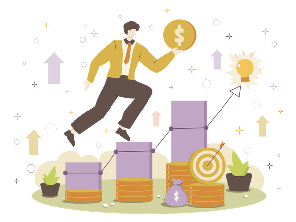 Businessman jumping towards financial growth with ideas and investments  Illustration