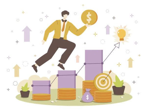 Businessman jumping towards financial growth with ideas and investments  Illustration