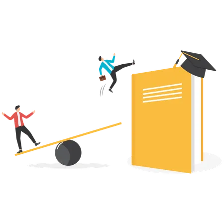 Businessman Jumping towards graduation cap on top books  Illustration