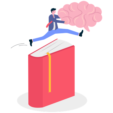Businessman jumping with brain over book  Illustration