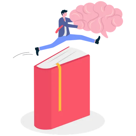 Businessman jumping with brain over book  Illustration