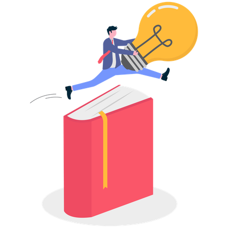 Businessman jumping with bulb over book  Illustration