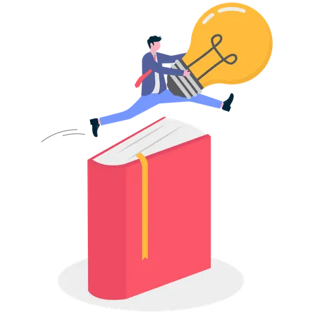 Businessman jumping with bulb over book  Illustration