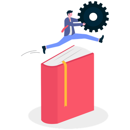 Businessman jumping with gear over book  Illustration