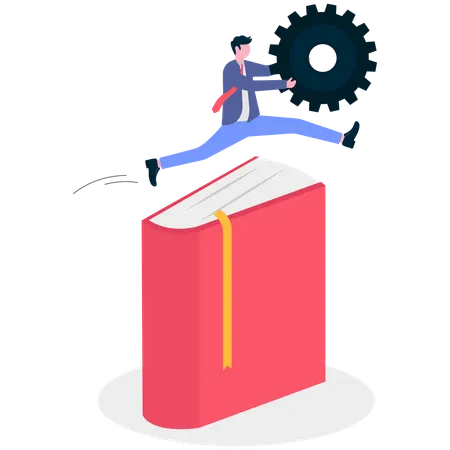 Businessman jumping with gear over book  Illustration