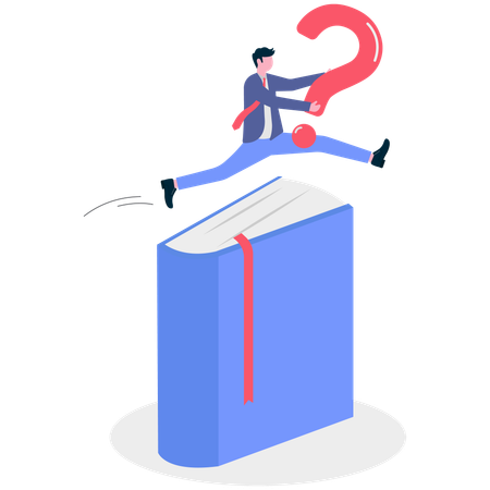 Businessman jumping with question mark over book  Illustration