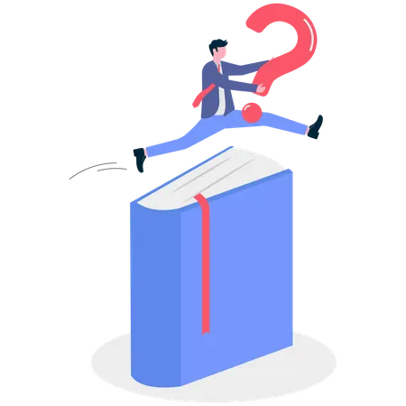 Businessman jumping with question mark over book  Illustration