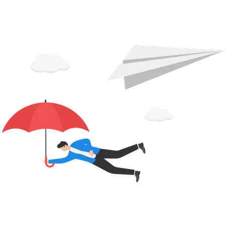 Businessman jumping with umbrella from paper plane  Illustration