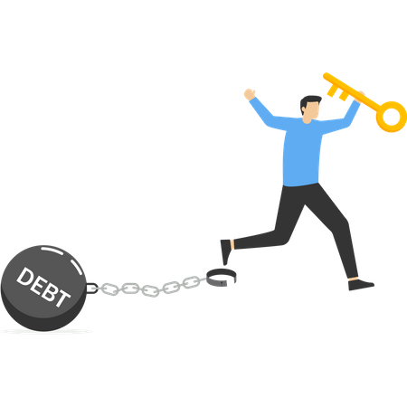 Businessman jumps for joy after unlocking debt load chain  Illustration