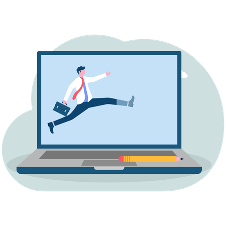 Businessman jumps for online meeting  Illustration