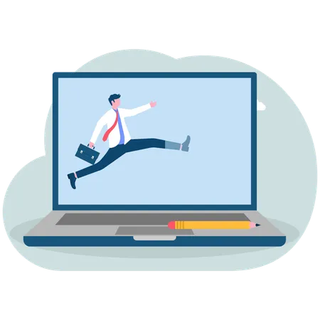 Businessman jumps for online meeting  Illustration