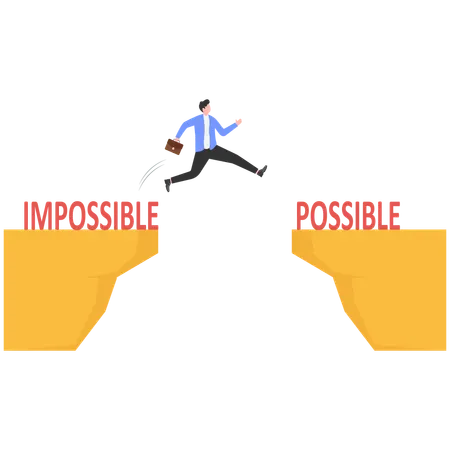 Businessman jumps from word Impossible to possible  Illustration
