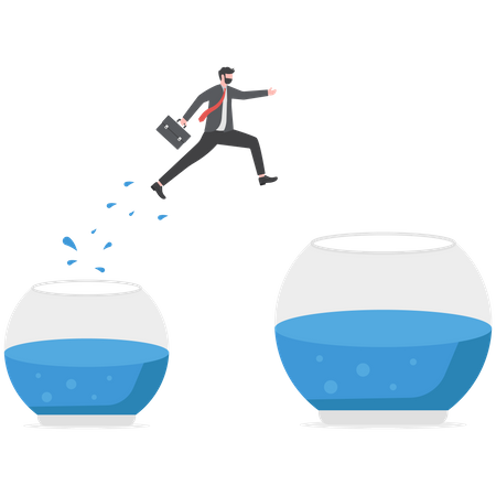 Businessman jumps into bigger empty aquarium  Illustration