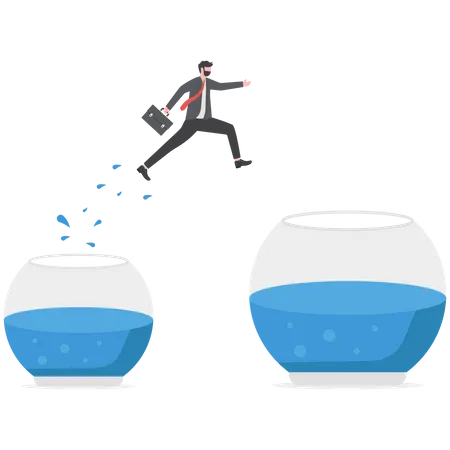 Businessman jumps into bigger empty aquarium  Illustration