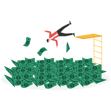 Businessman jumps into stacked money  Illustration