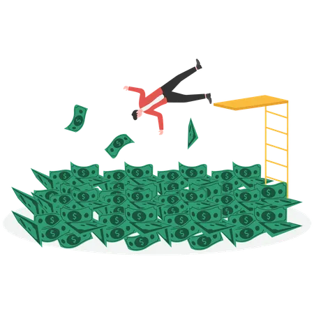 Businessman jumps into stacked money  Illustration