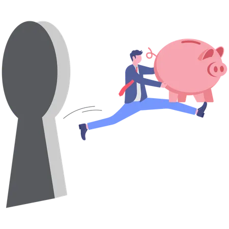 ビジネスマンがお金を節約するために鍵穴から飛び出す  イラスト