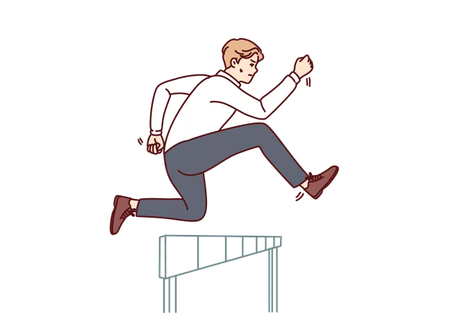 Businessman Jumps Over Obstacle In Pursuit Of Success And New Clients For Company Or Record Breaking Statistics Purposeful Businessman In Formal Wear Running Showing Leadership Skills Illustration