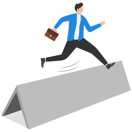 Businessman Leaps And Jumps Over Hurdle With Word Problems On It Vector Illustration On Metaphor For Overcoming Challenges And Adversity At Work Isolated On Plain Background Illustration