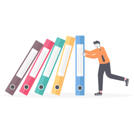 Businessman keep folders with documents from falling like domino  Illustration