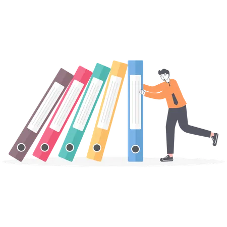 Businessman keep folders with documents from falling like domino  Illustration