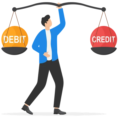 Businessman keeping balance between debit and credit  Illustration