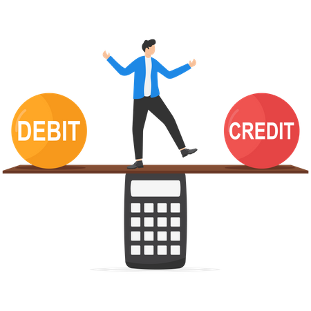 Businessman keeping balance between debit and credit  Illustration