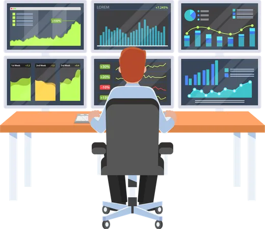 Businessman Or Stock Market Trader Working At Desk With Six Monitor Showing Data Illustration
