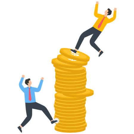 Businessman kicked over his companion standing on top of stacked gold coins  イラスト