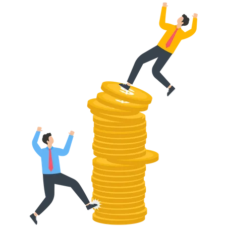 Businessman kicked over his companion standing on top of stacked gold coins  Illustration