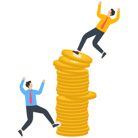 Businessman kicked over his companion standing on top of stacked gold coins  Illustration