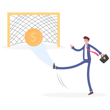 Businessman kicking dollar coin like football player  Illustration