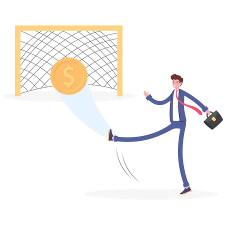 Businessman kicking dollar coin like football player  Illustration