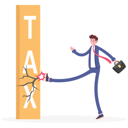 Businessman kicking tax problems wall  Illustration