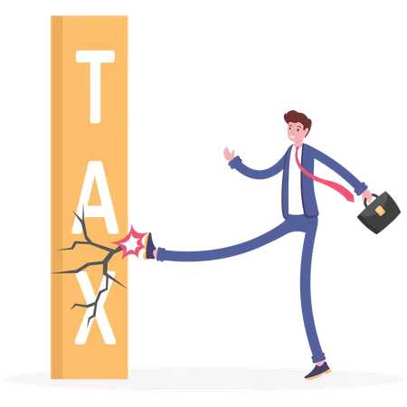 Businessman kicking tax problems wall  Illustration