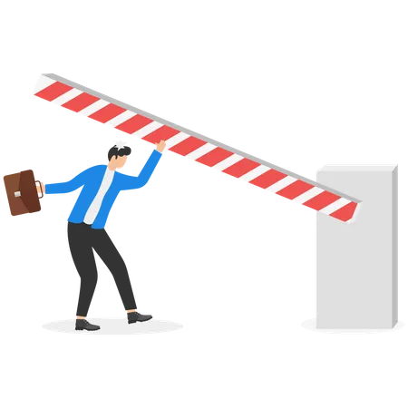 Businessman Knocked Off Balance By Automated Bar Barrier At Boom Gate Vector Illustration On Concept For Unexpected Hazards And Personal Accidents Illustration