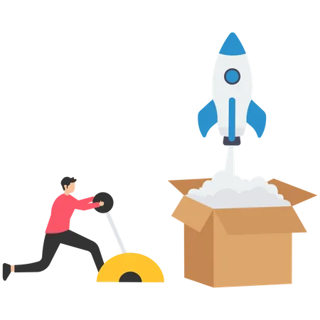 Businessman launch from open box with rocket booster Illustration