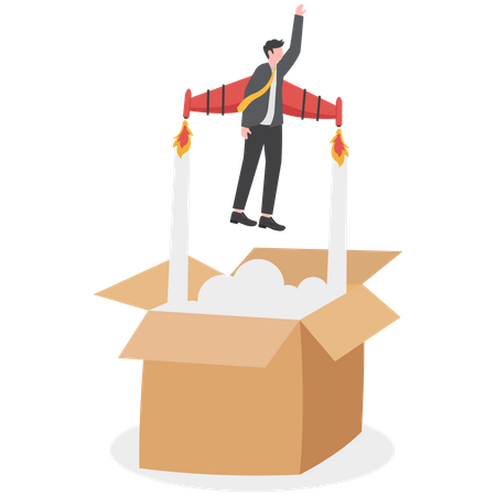 Businessman launch from open box with rocket booster  Illustration