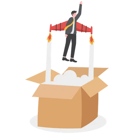 Think Outside The Box Creativity And Innovation To Change New Ideation For Business Solutions Leadership Or Inspiration For Career Success Businessman Launch From Open Box With Rocket Booster Illustration