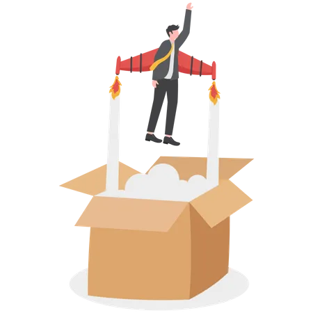 Businessman launch from open box with rocket booster  Illustration