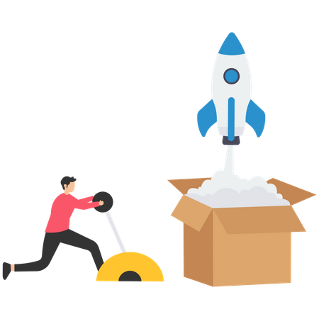 Businessman launch from open box with rocket booster  Illustration