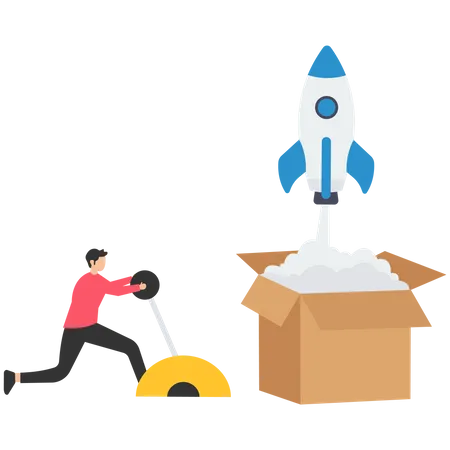 Businessman launch from open box with rocket booster  Illustration