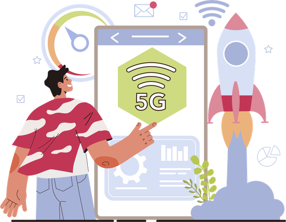 Businessman launches 5G network  Illustration