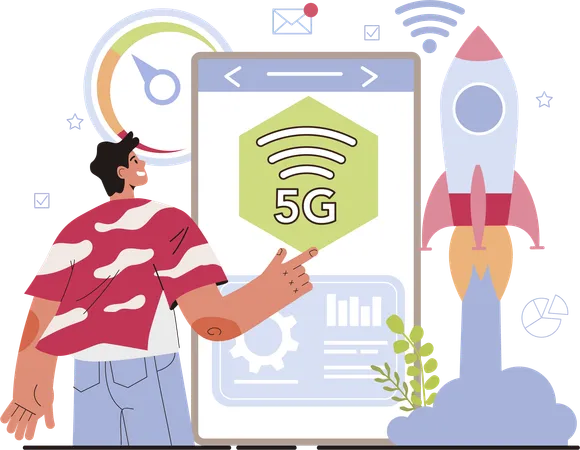 Businessman launches 5G network  Illustration