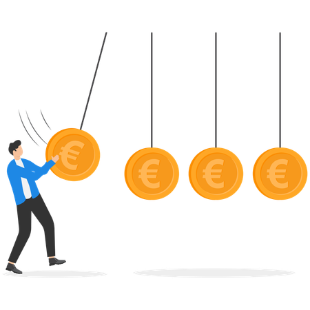 ビジネスマンがユーロ硬貨の形をしたボールを打ち上げる  イラスト